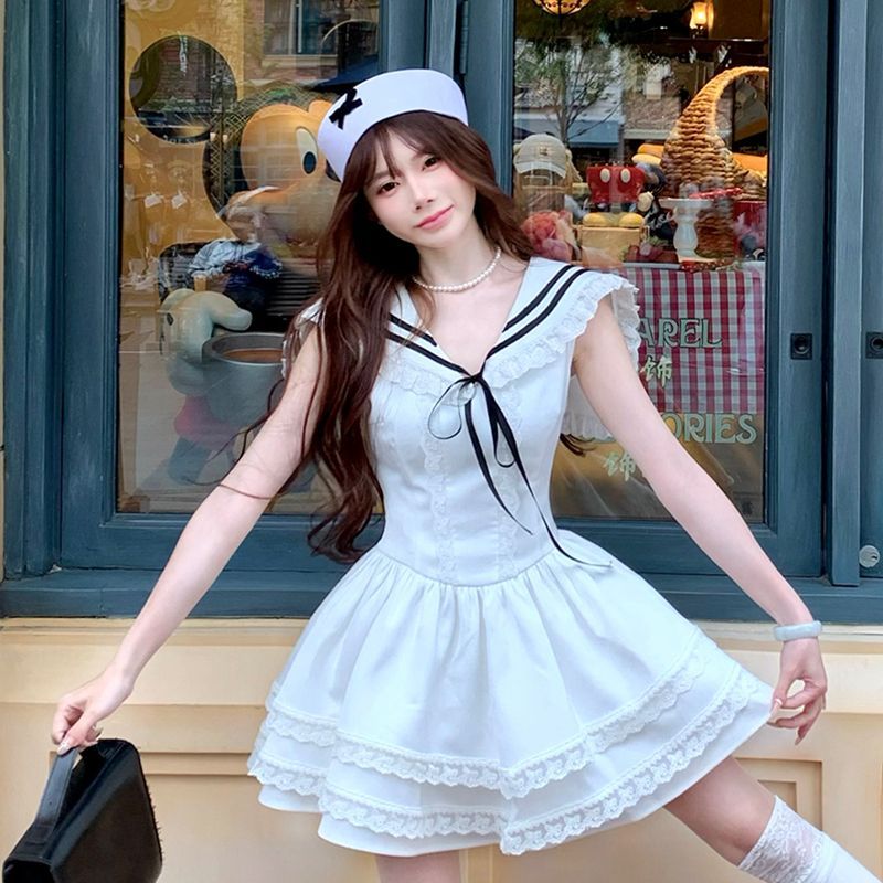 Thick and disorderly navy collar T-back lace summer dress