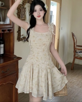 Romantic floral sling France style short bow dress