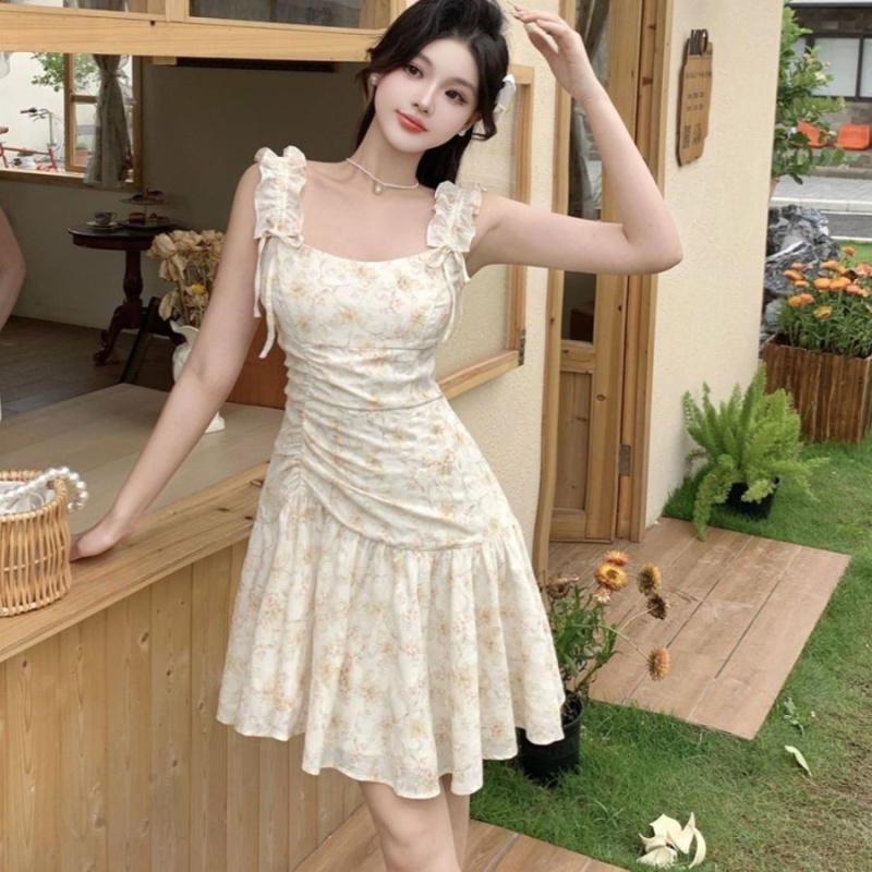 Romantic floral sling France style short bow dress