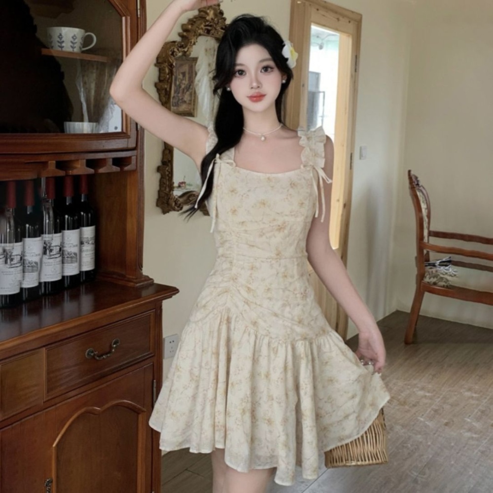 Romantic floral sling France style short bow dress