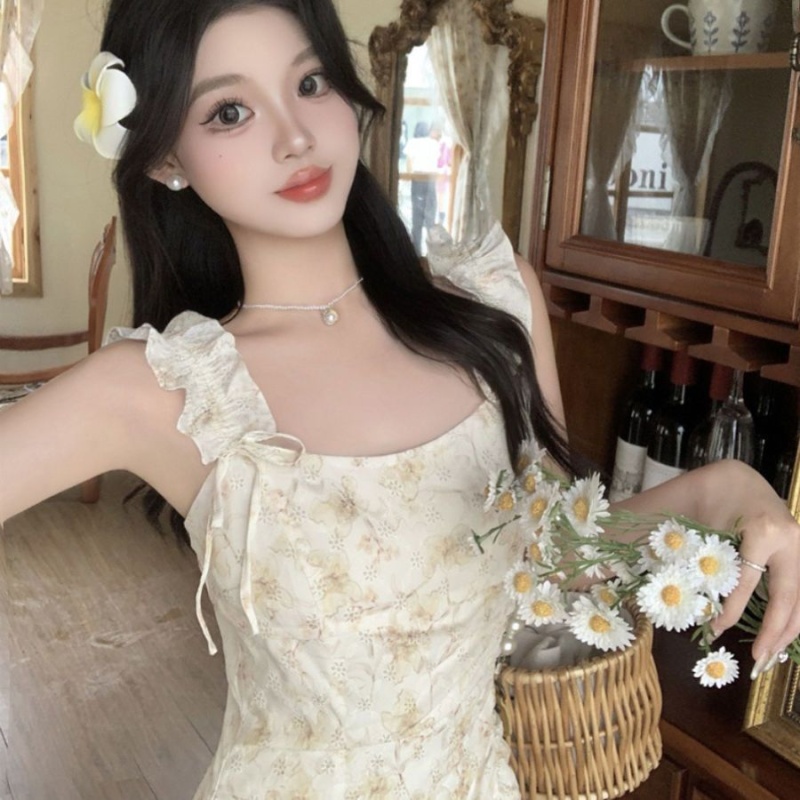 Romantic floral sling France style short bow dress