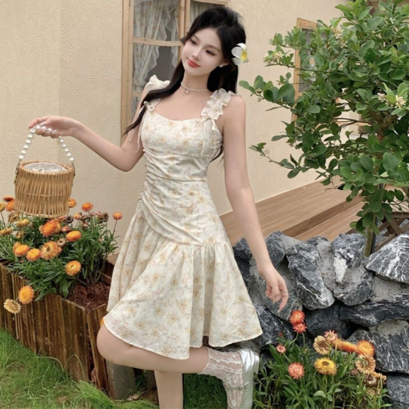 Romantic floral sling France style short bow dress