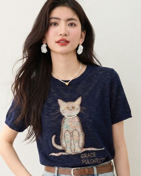 Knitted thin T-shirt kitty short sleeve tops for women