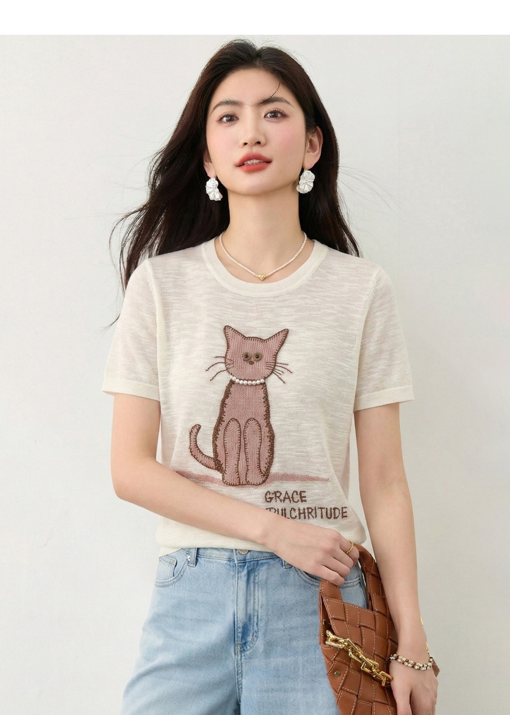 Knitted thin T-shirt kitty short sleeve tops for women