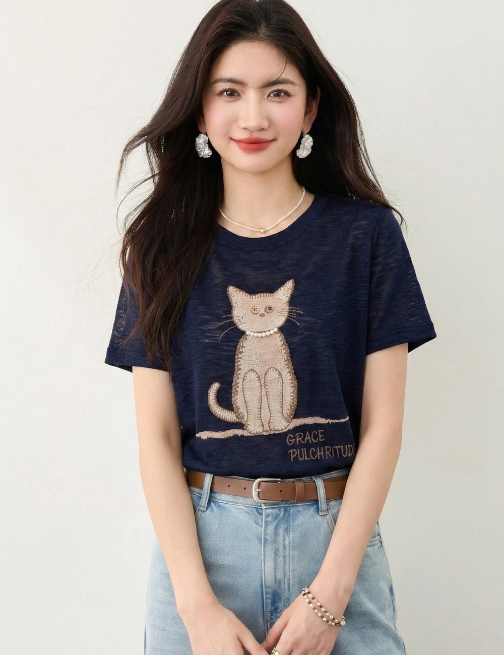 Knitted thin T-shirt kitty short sleeve tops for women