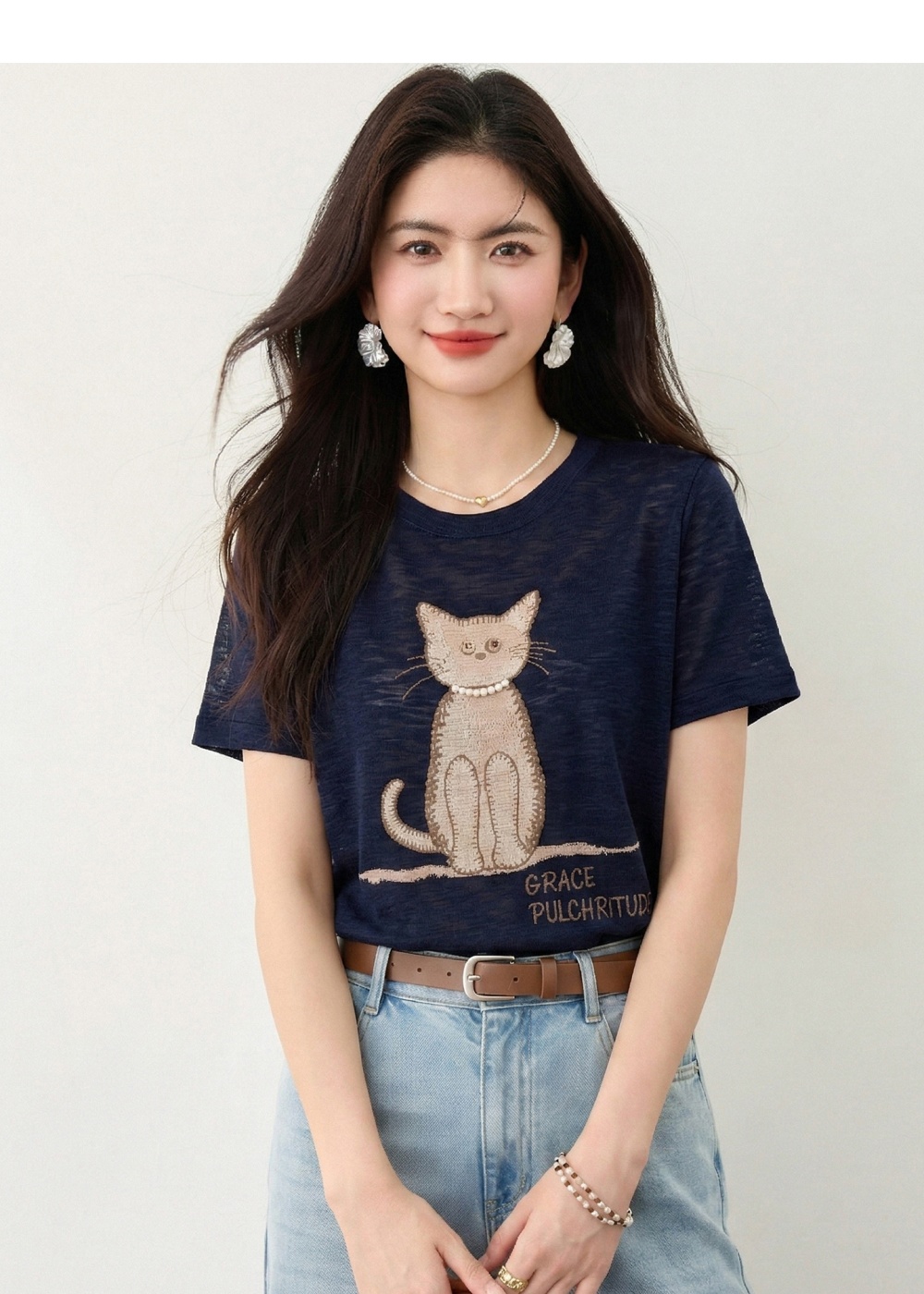 Knitted thin T-shirt kitty short sleeve tops for women