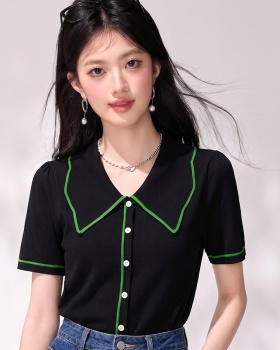 Mixed colors retro T-shirt knitted tops for women