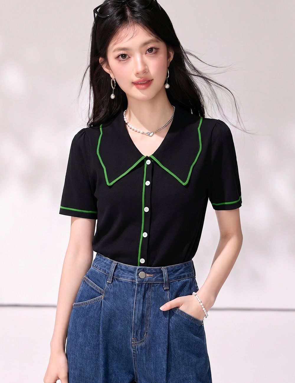 Mixed colors retro T-shirt knitted tops for women