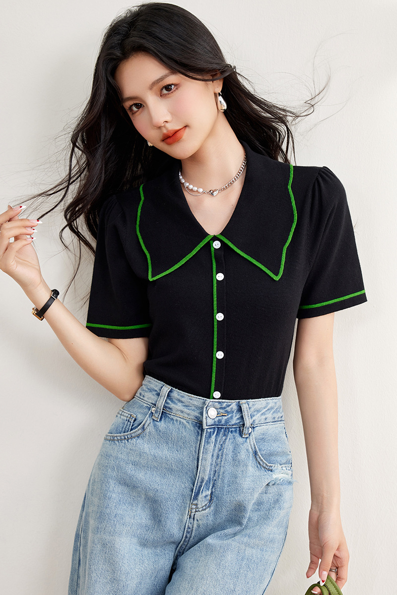 Mixed colors retro T-shirt knitted tops for women