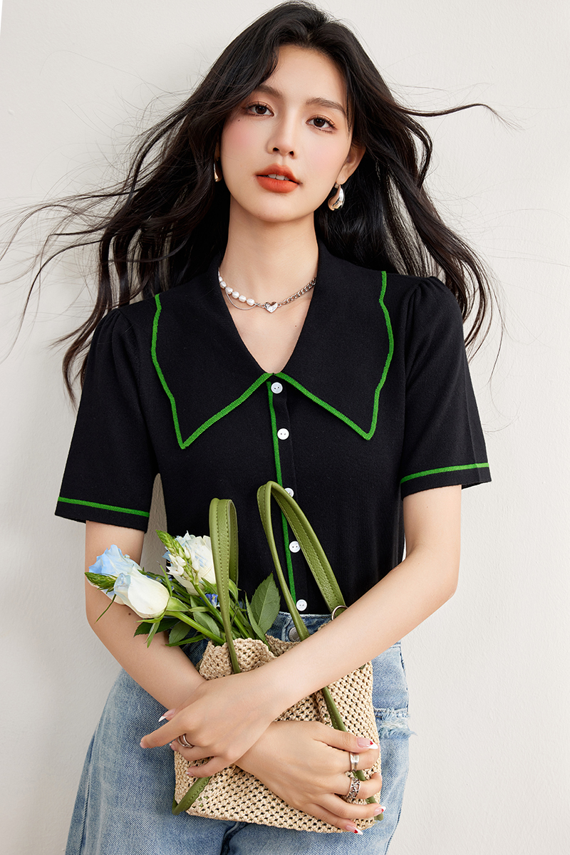 Mixed colors retro T-shirt knitted tops for women