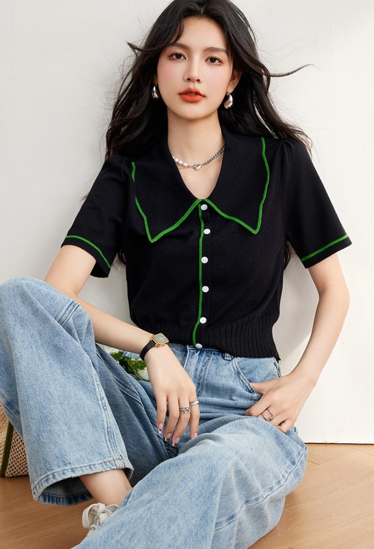 Mixed colors retro T-shirt knitted tops for women