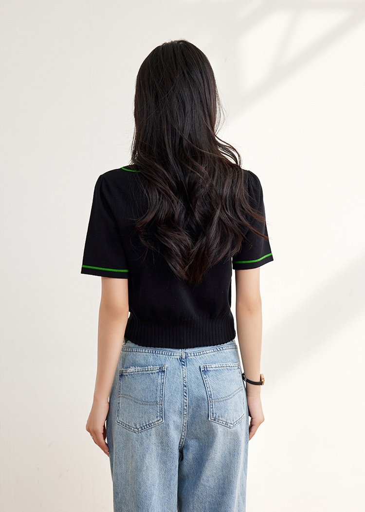 Mixed colors retro T-shirt knitted tops for women