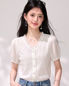 Puff sleeve V-neck shirts lace shirt for women