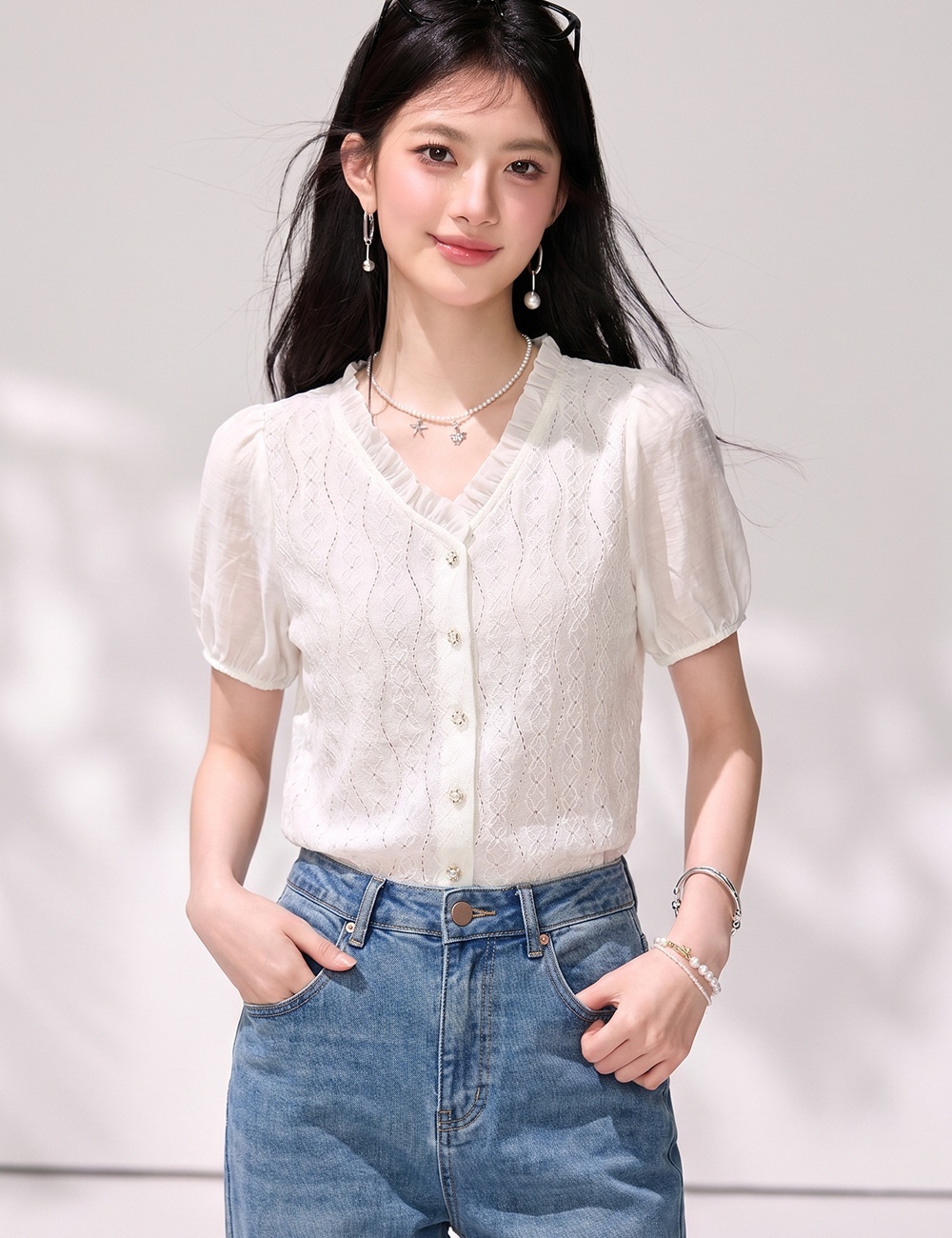 Puff sleeve V-neck shirts lace shirt for women