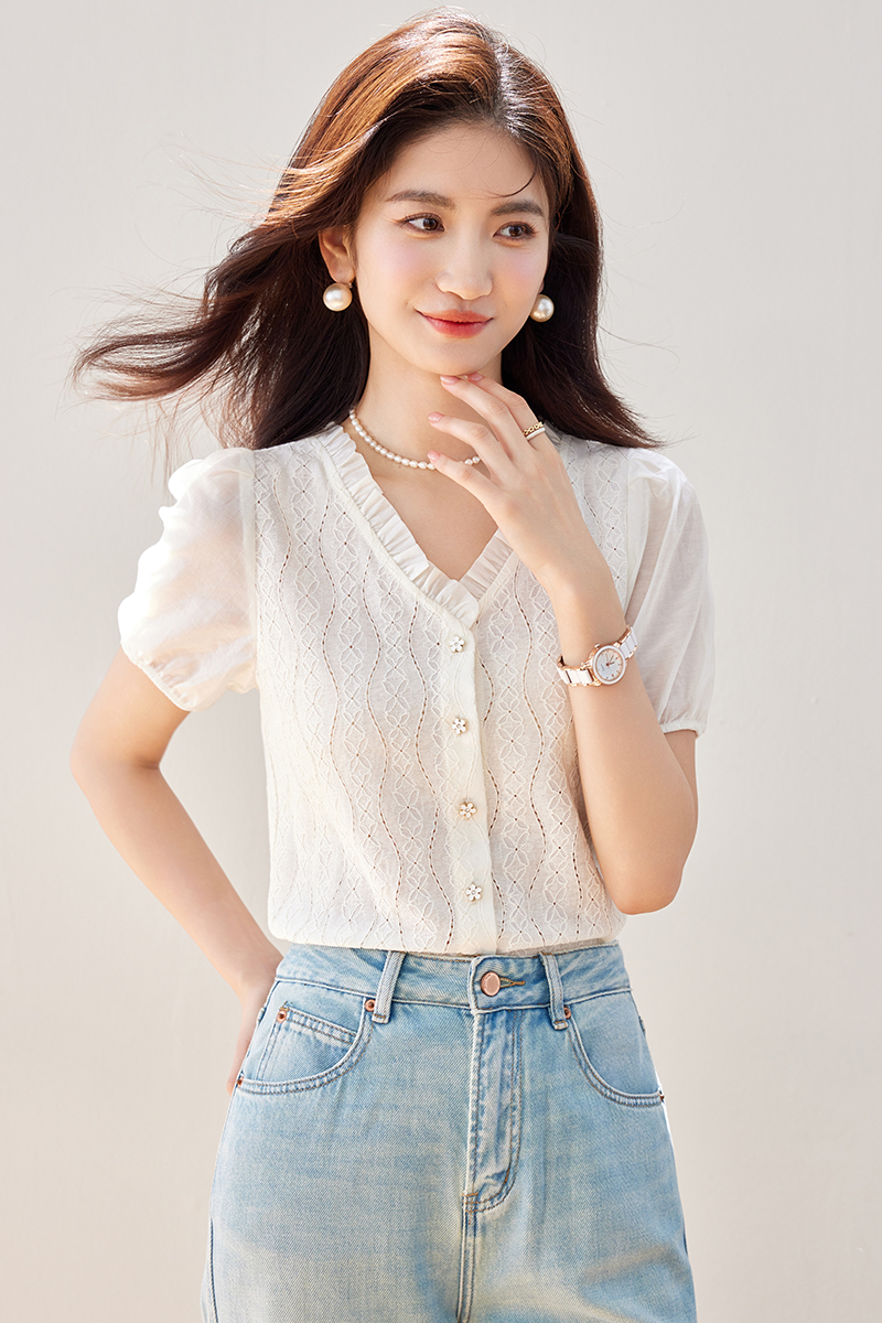 Puff sleeve V-neck shirts lace shirt for women