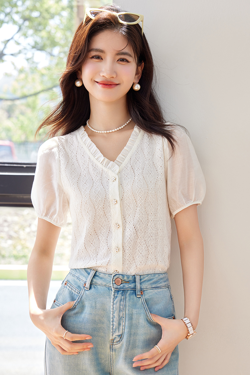 Puff sleeve V-neck shirts lace shirt for women
