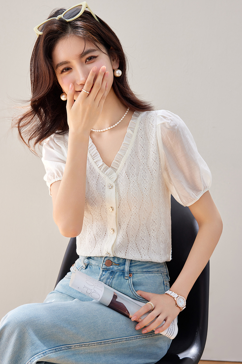 Puff sleeve V-neck shirts lace shirt for women