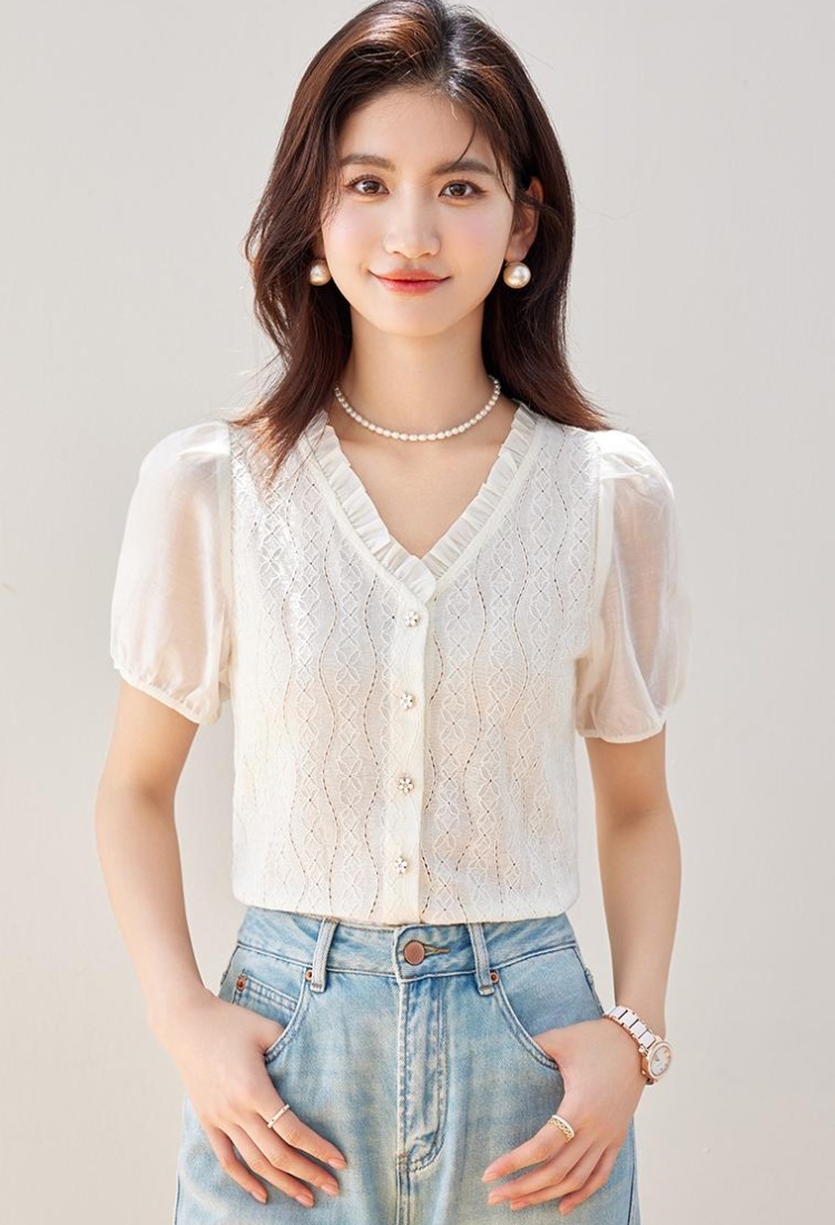Puff sleeve V-neck shirts lace shirt for women