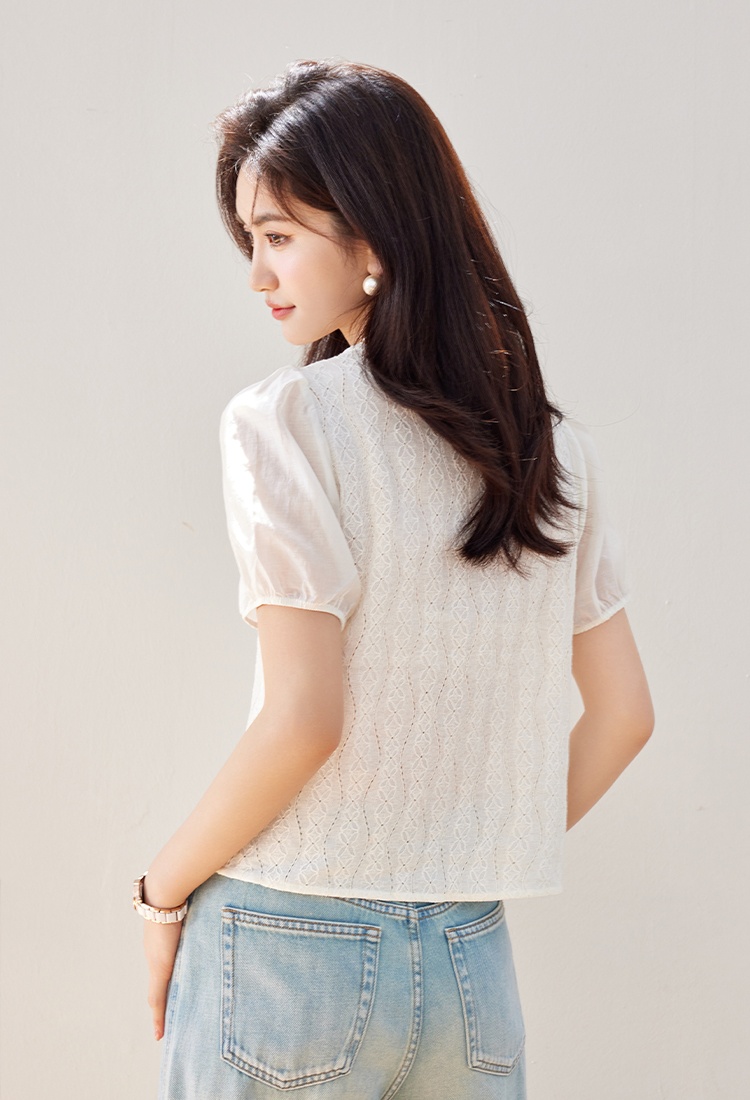 Puff sleeve V-neck shirts lace shirt for women