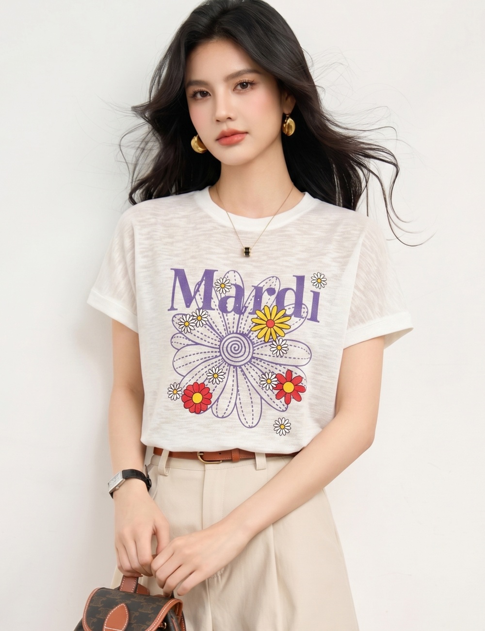 College style daisy short sleeve commuting knitted tops