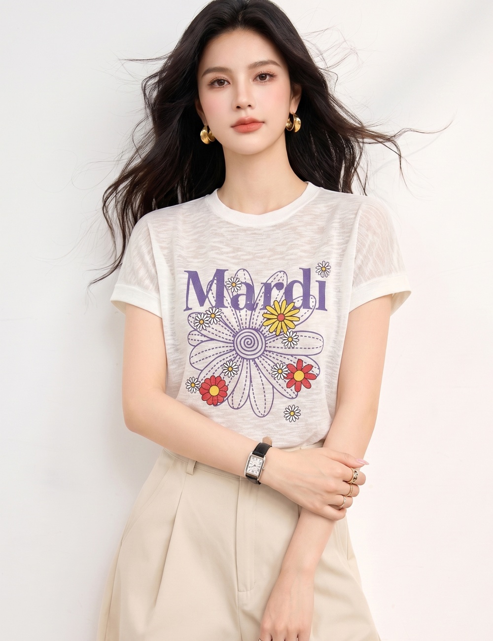 College style daisy short sleeve commuting knitted tops