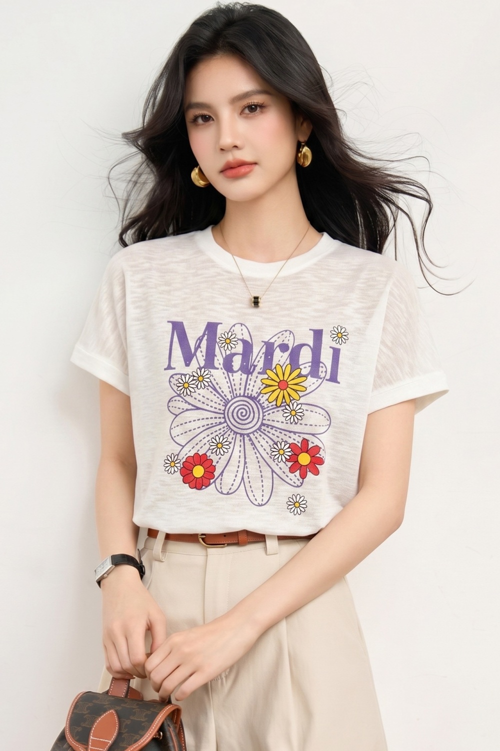 College style daisy short sleeve commuting knitted tops