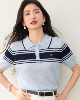 Temperament thin mixed colors short sleeve lapel stripe tops