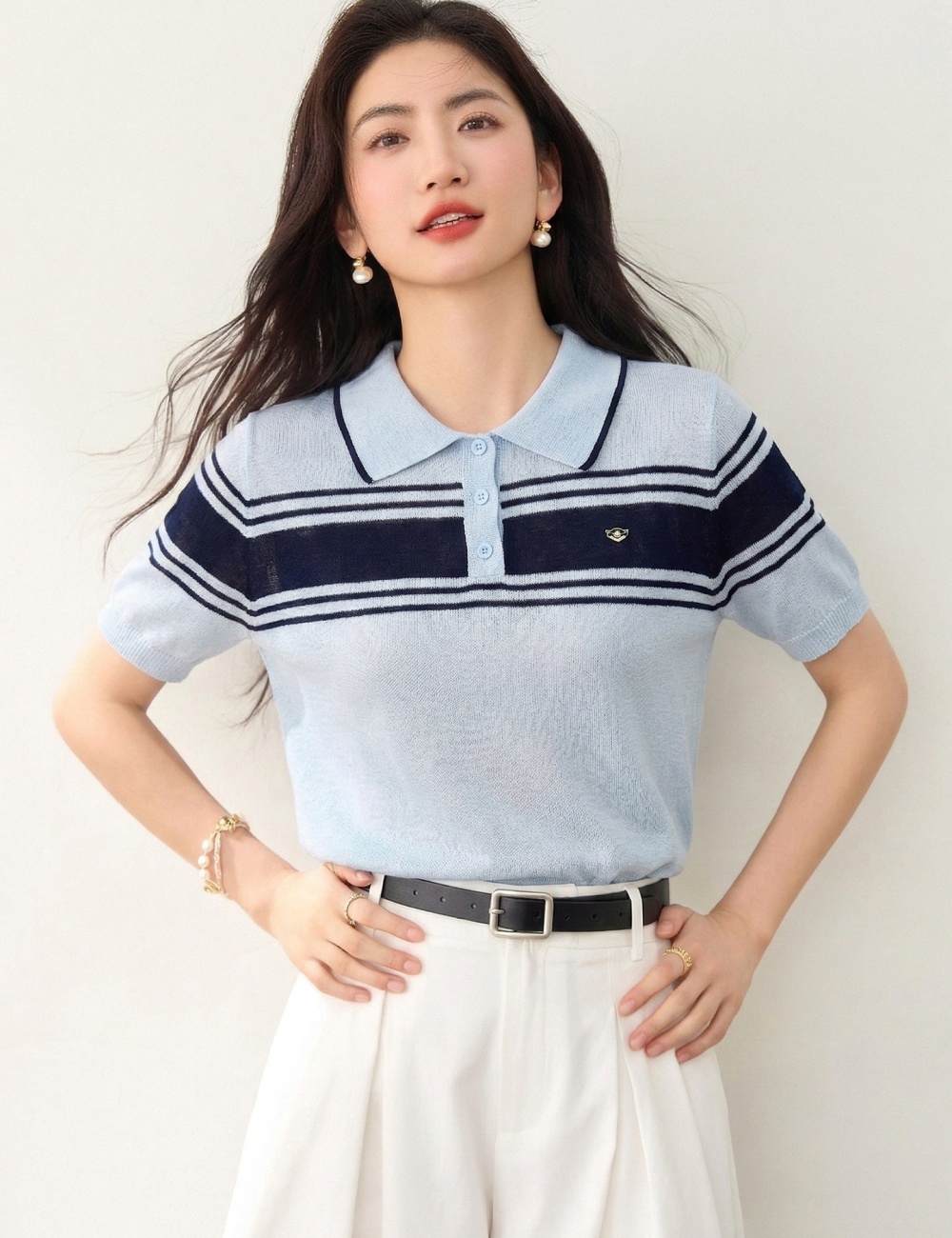 Temperament thin mixed colors short sleeve lapel stripe tops