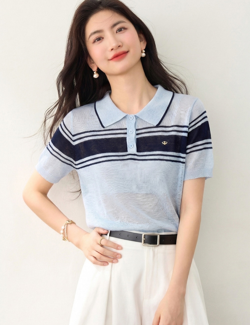 Temperament thin mixed colors short sleeve lapel stripe tops