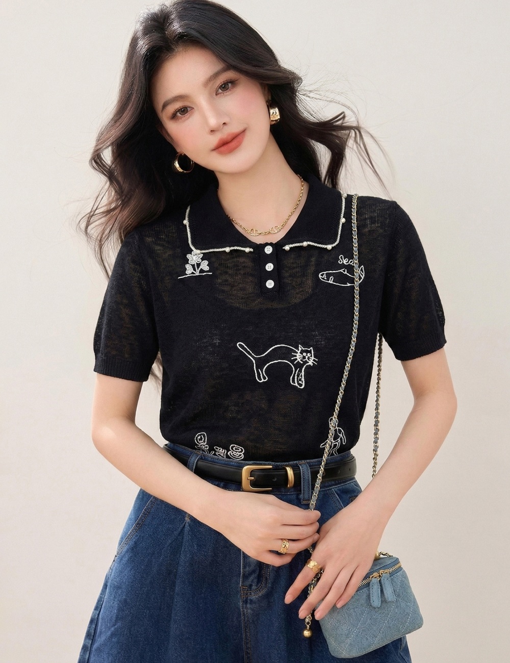 Sweet kitten sleeveless summer doll collar knitted tops