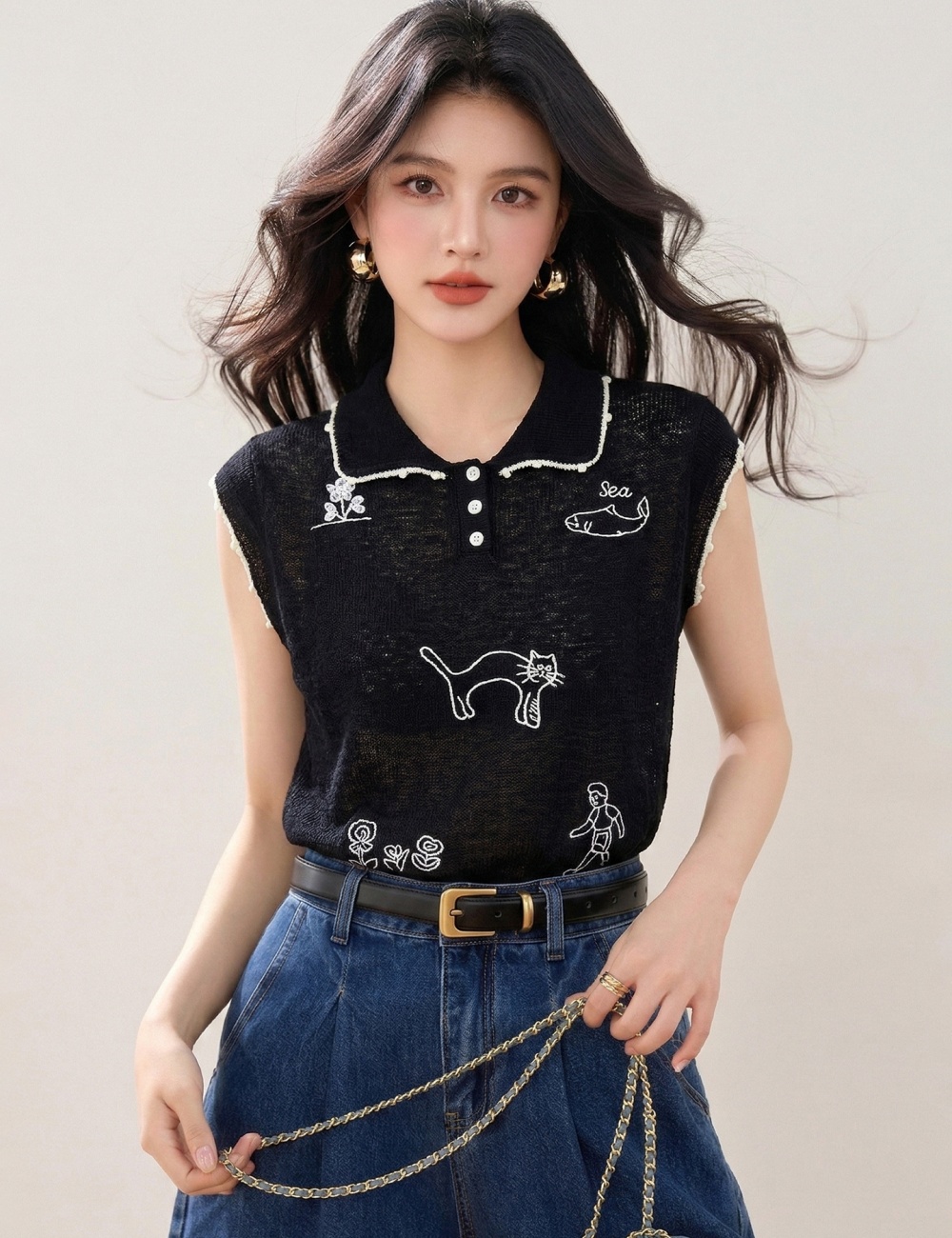 Sweet kitten sleeveless summer doll collar knitted tops