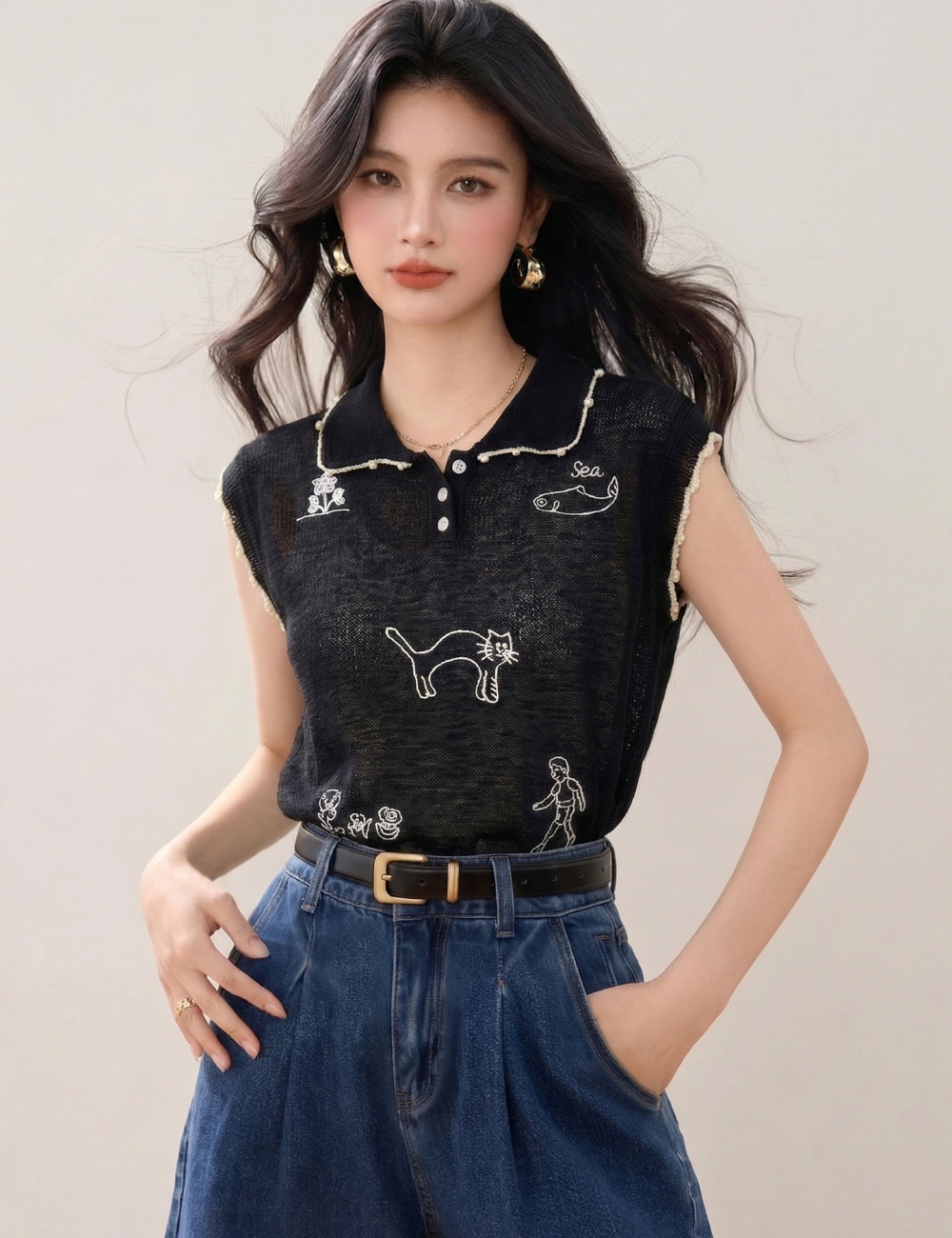 Sweet kitten sleeveless summer doll collar knitted tops