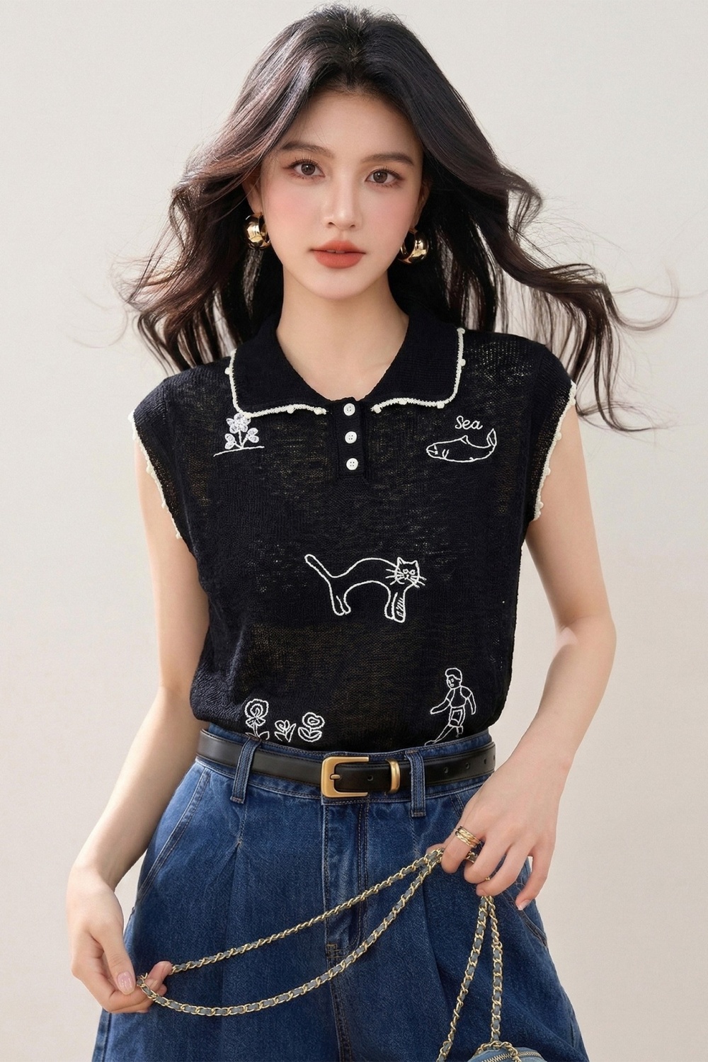 Sweet kitten sleeveless summer doll collar knitted tops