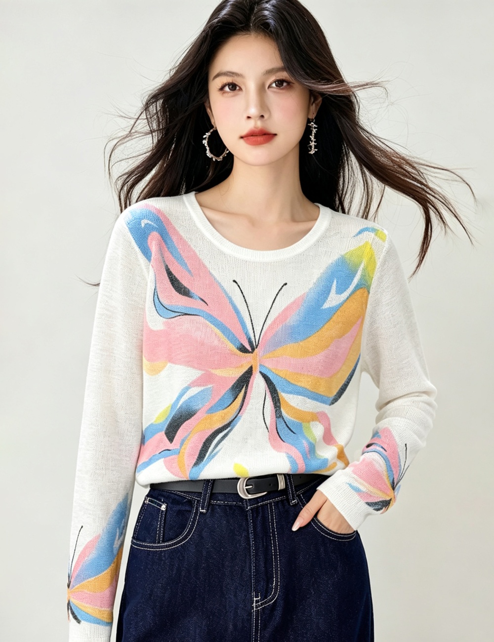 Butterfly long sleeve spring T-shirt gray printing tops