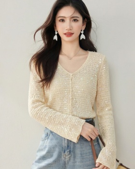 V-neck beading all-match tops lazy sequins loose sweater