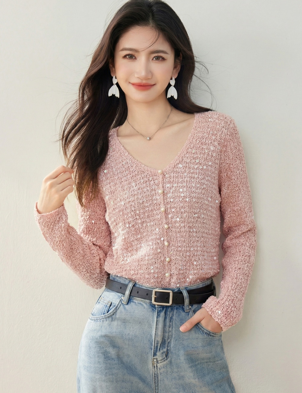 V-neck beading all-match tops lazy sequins loose sweater