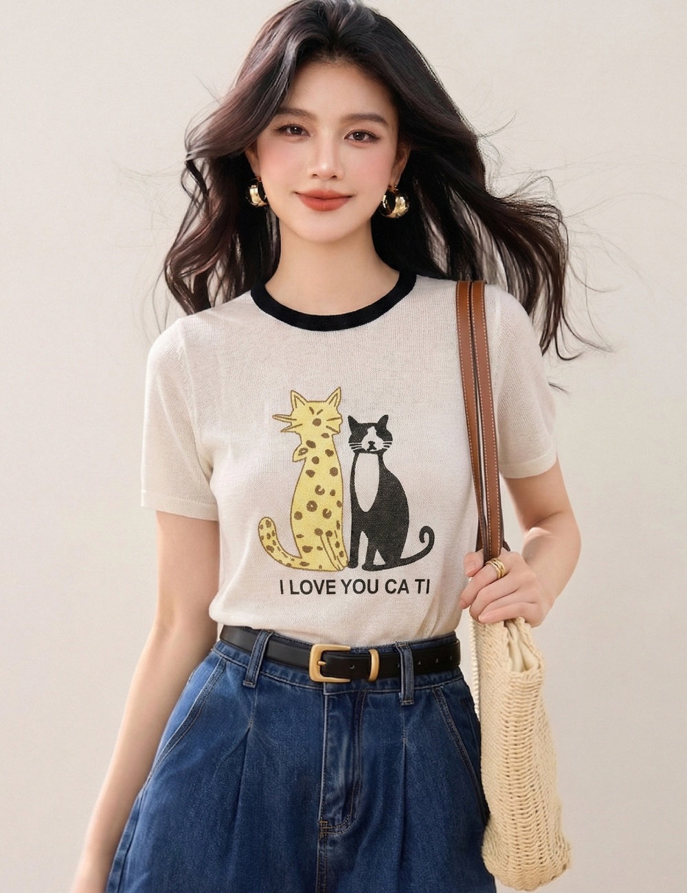 Round neck loose T-shirt short sleeve tops for women