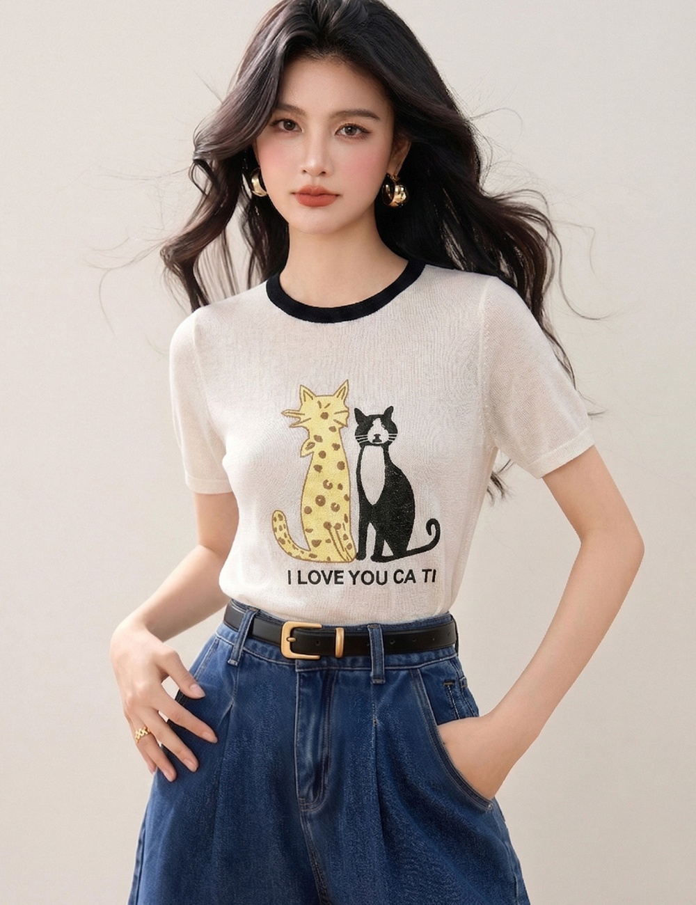 Round neck loose T-shirt short sleeve tops for women