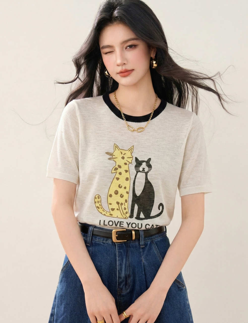Round neck loose T-shirt short sleeve tops for women