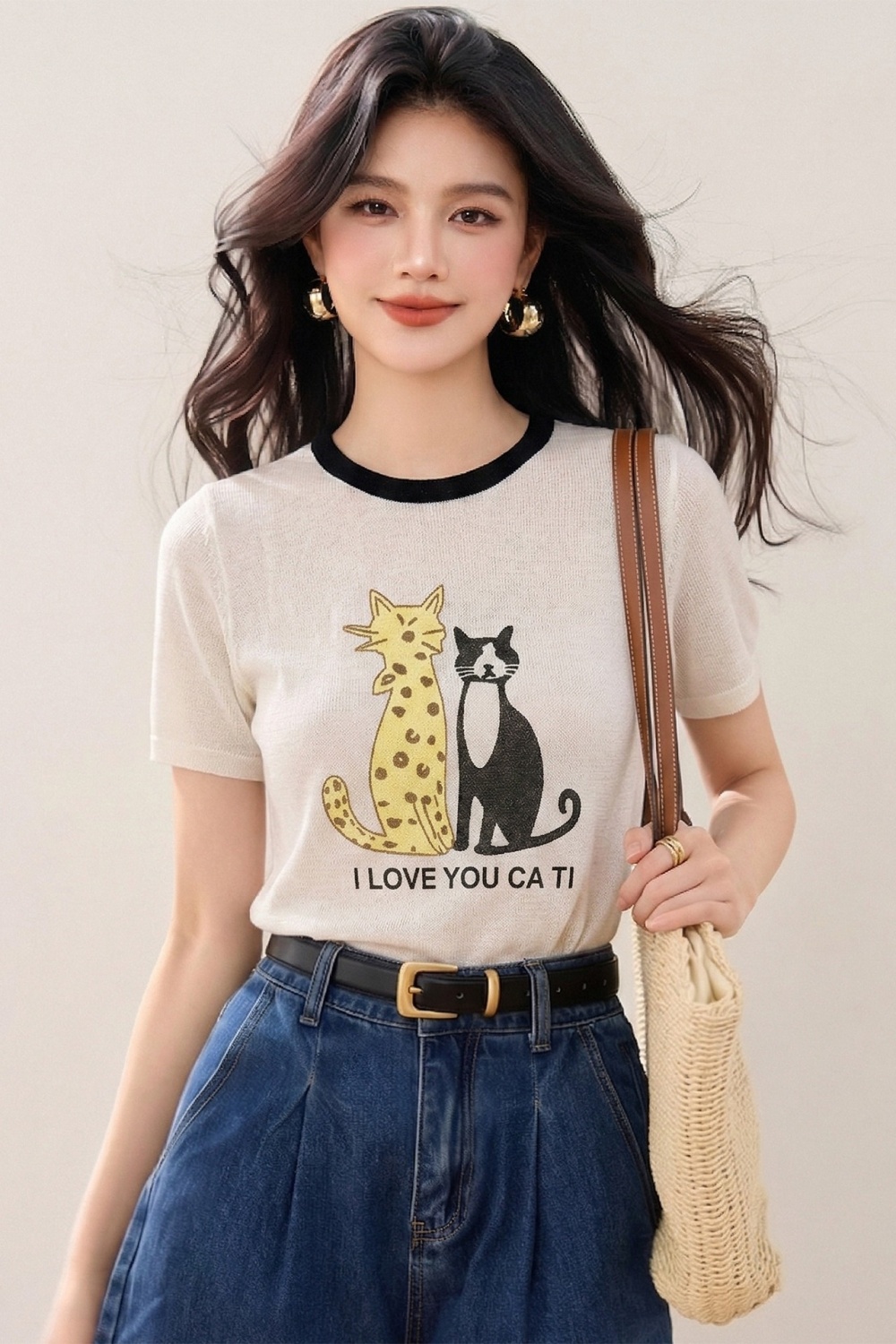 Round neck loose T-shirt short sleeve tops for women