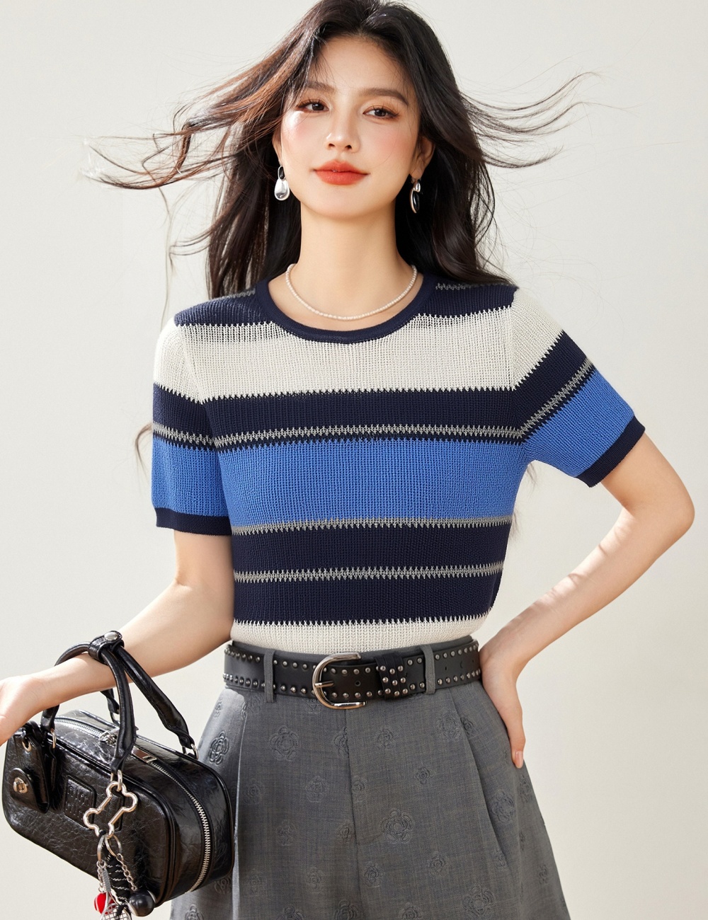 Thin summer sweater short sleeve slim tops for women