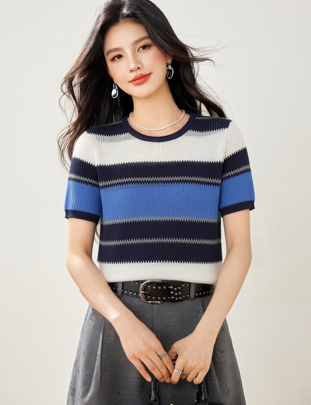 Thin summer sweater short sleeve slim tops for women