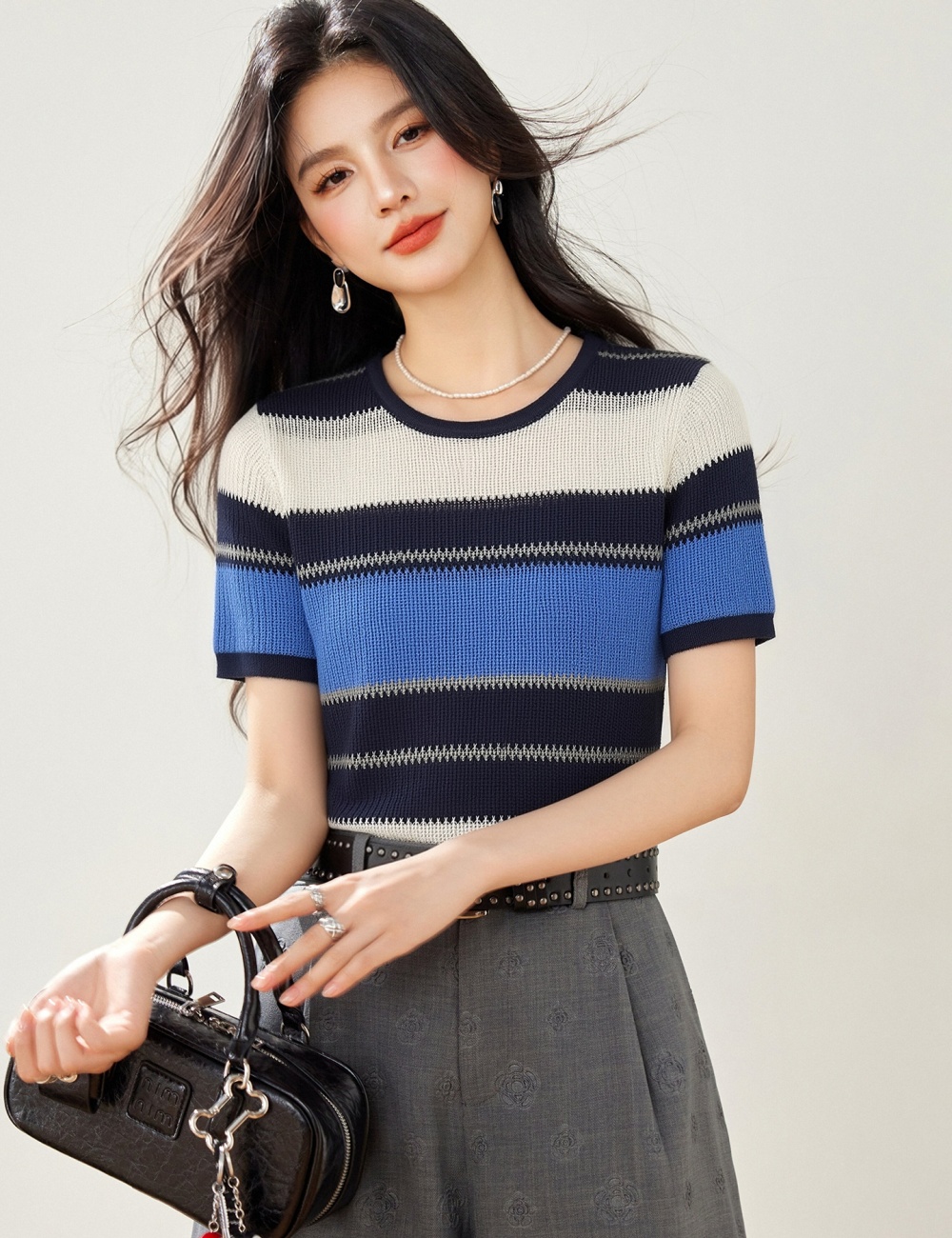 Thin summer sweater short sleeve slim tops for women