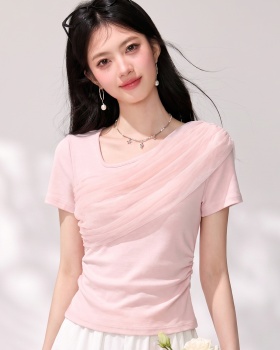 Short short sleeve pink tops summer slim T-shirt for women