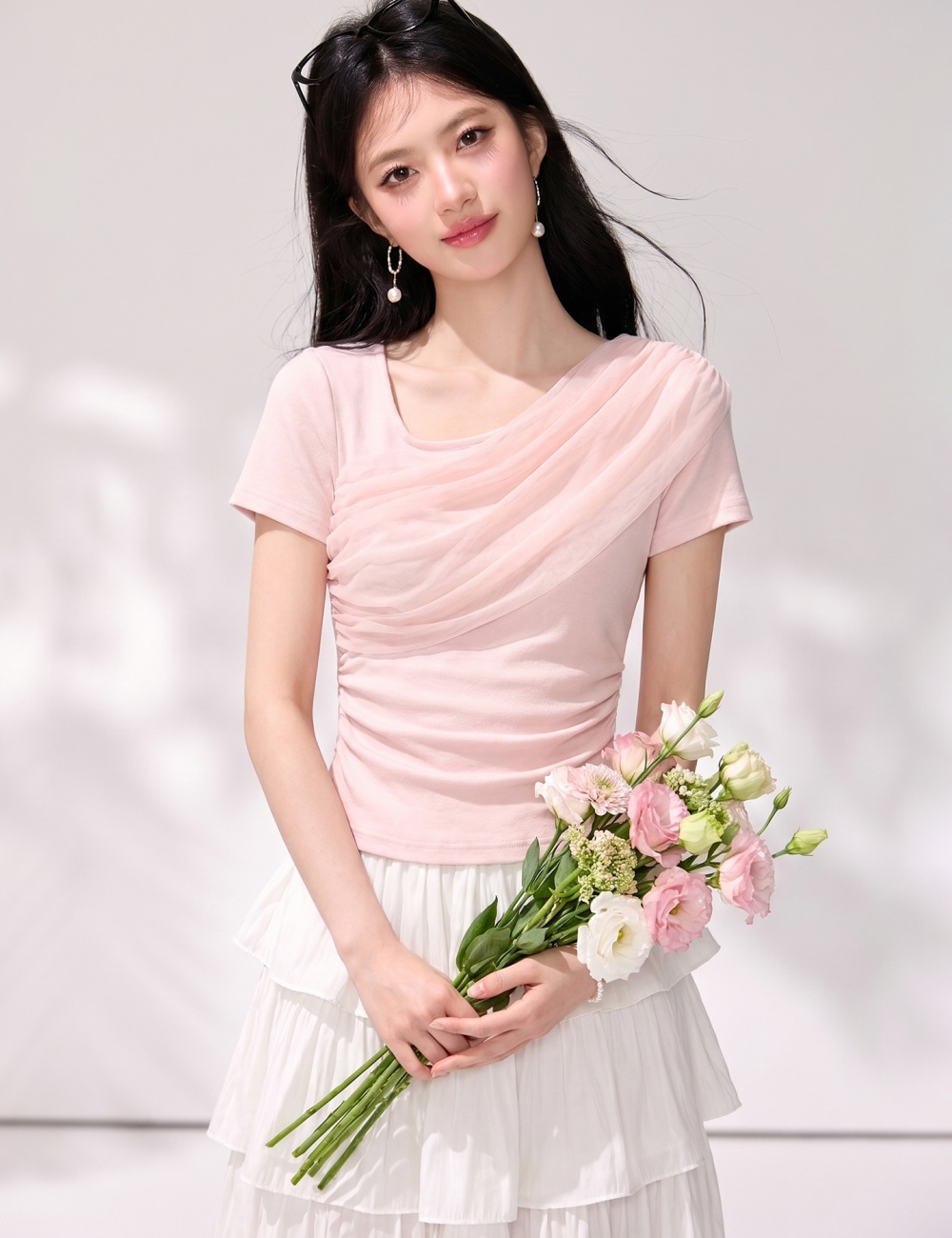 Short short sleeve pink tops summer slim T-shirt for women