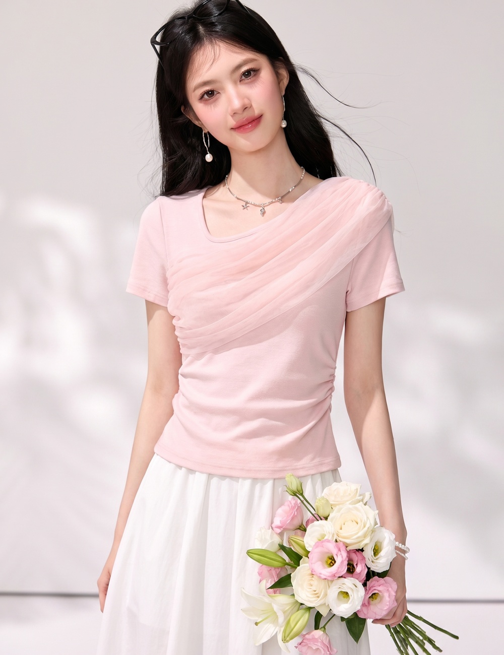 Short short sleeve pink tops summer slim T-shirt for women