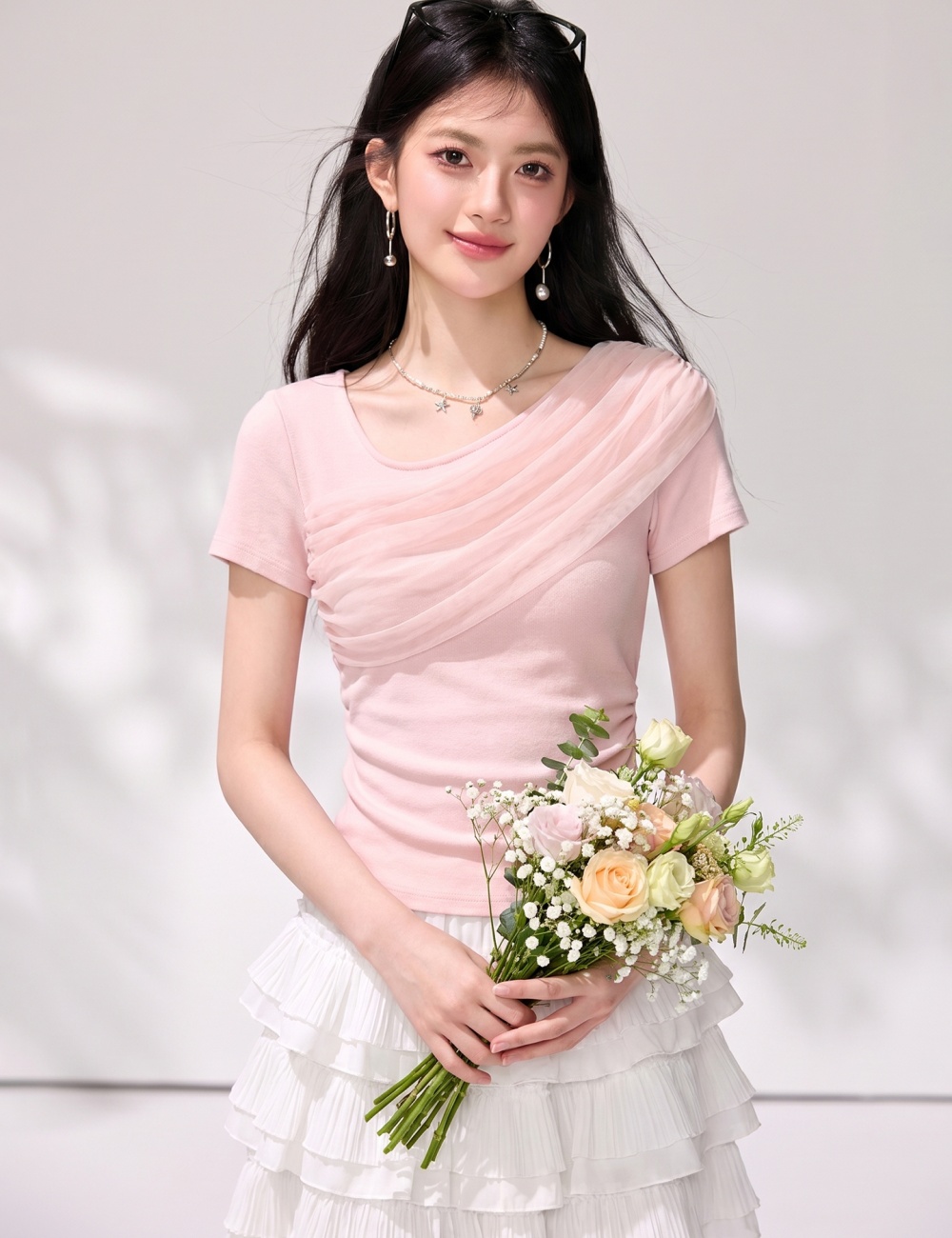 Short short sleeve pink tops summer slim T-shirt for women