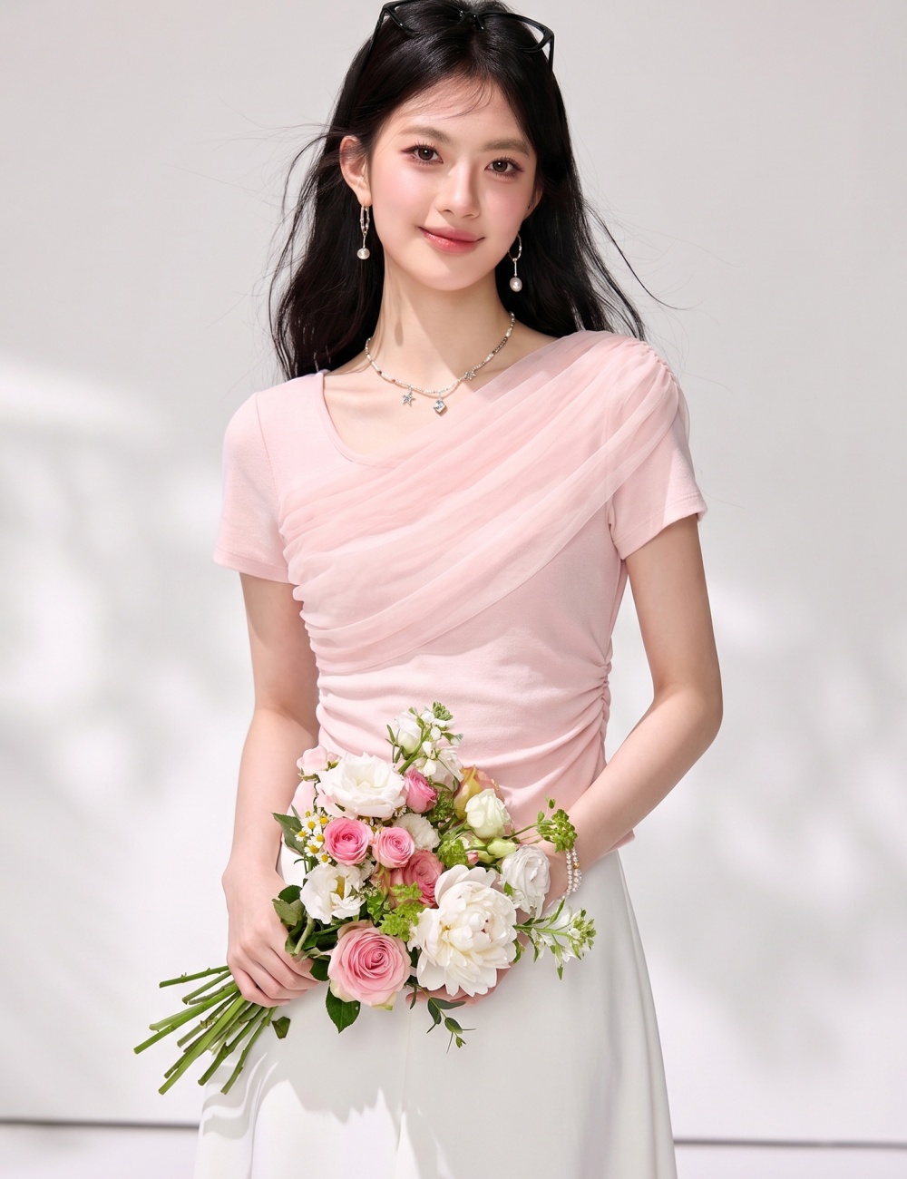 Short short sleeve pink tops summer slim T-shirt for women