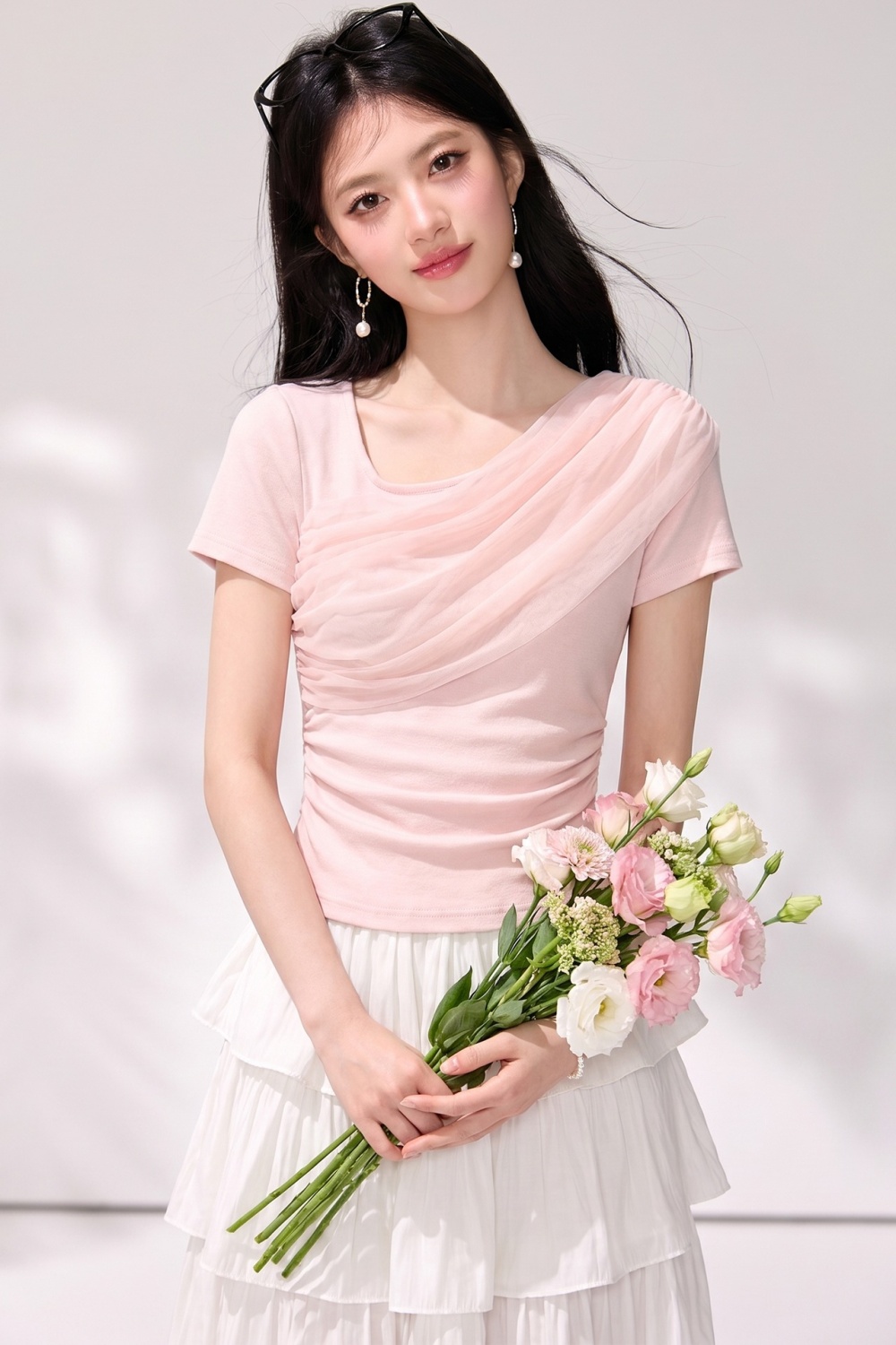 Short short sleeve pink tops summer slim T-shirt for women
