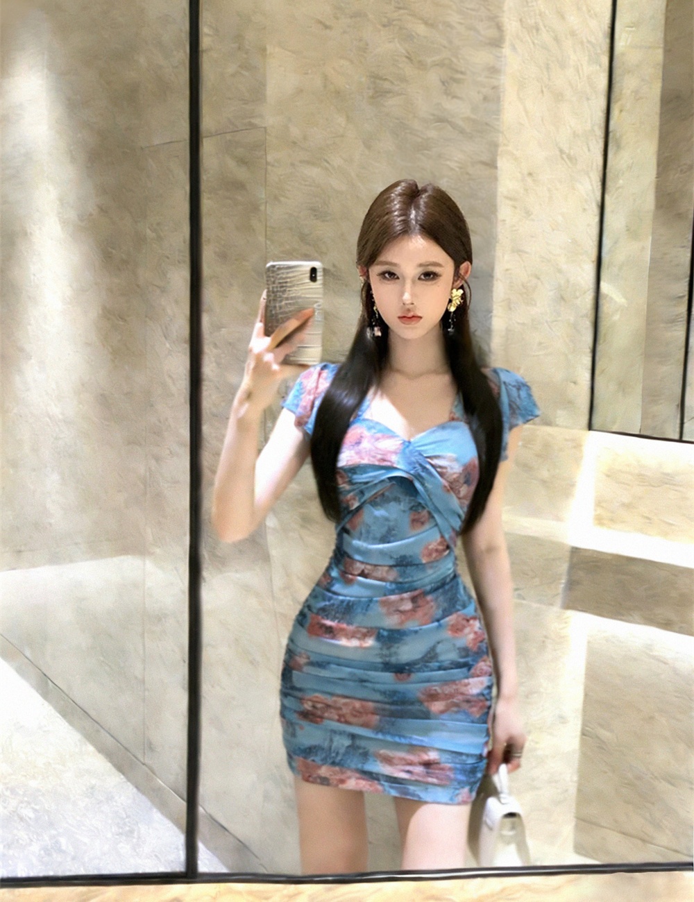 Fold sexy slim printing package hip dress